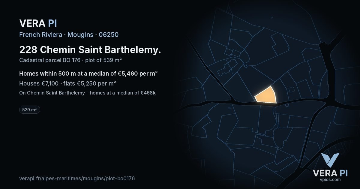 228 Chemin Saint Barthelemy, Mougins at night – the plot lit, the parcels around coloured by the prices near them