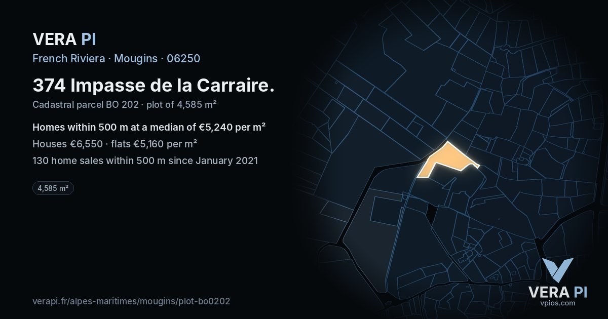 374 Impasse de la Carraire, Mougins at night – the plot lit, the parcels around coloured by the prices near them