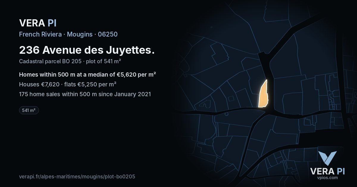 236 Avenue des Juyettes, Mougins at night – the plot lit, the parcels around coloured by the prices near them