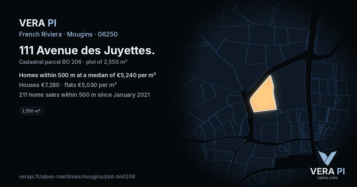 111 Avenue des Juyettes, Mougins at night – the plot lit, the parcels around coloured by the prices near them