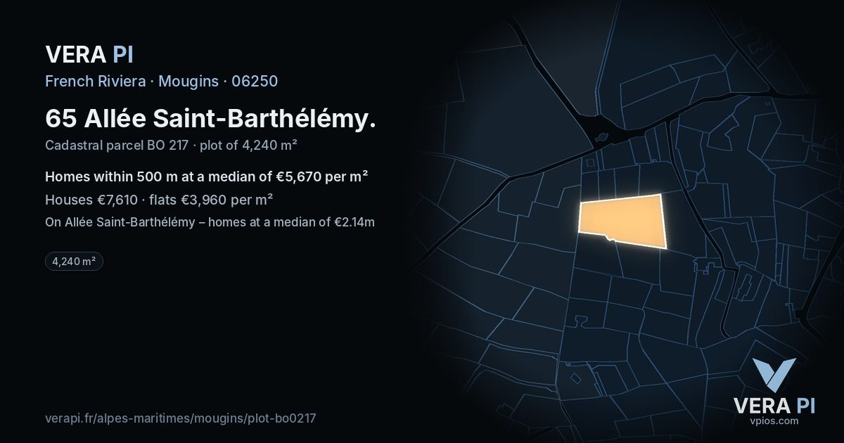65 Allée Saint-Barthélémy, Mougins at night – the plot lit, the parcels around coloured by the prices near them