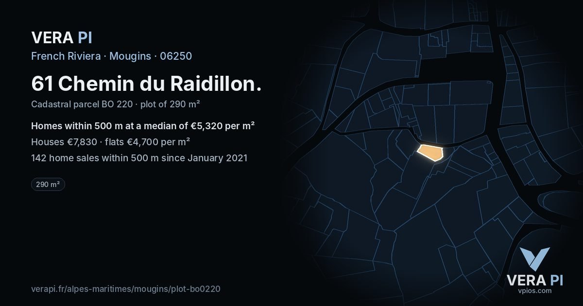 61 Chemin du Raidillon, Mougins at night – the plot lit, the parcels around coloured by the prices near them
