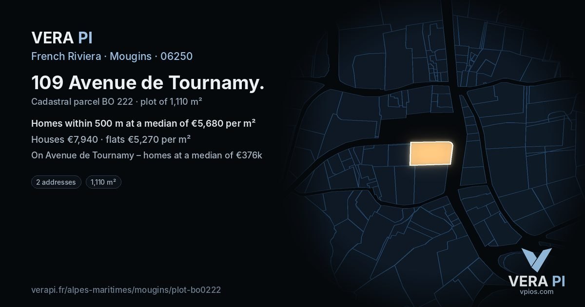 109 Avenue de Tournamy, Mougins at night – the plot lit, the parcels around coloured by the prices near them