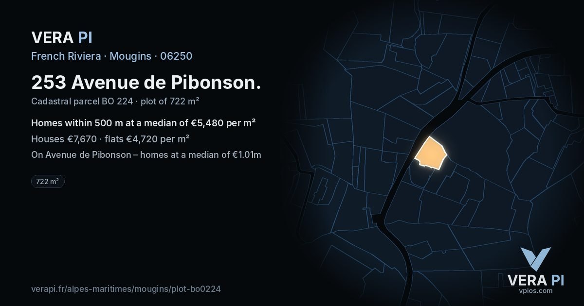 253 Avenue de Pibonson, Mougins at night – the plot lit, the parcels around coloured by the prices near them