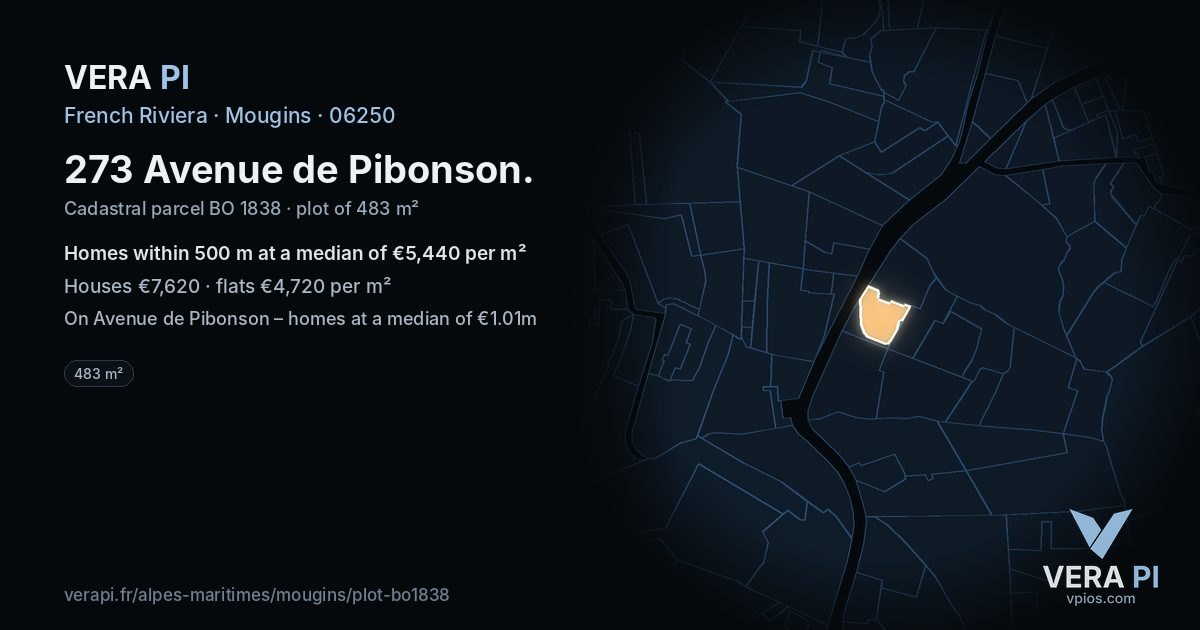 273 Avenue de Pibonson, Mougins at night – the plot lit, the parcels around coloured by the prices near them