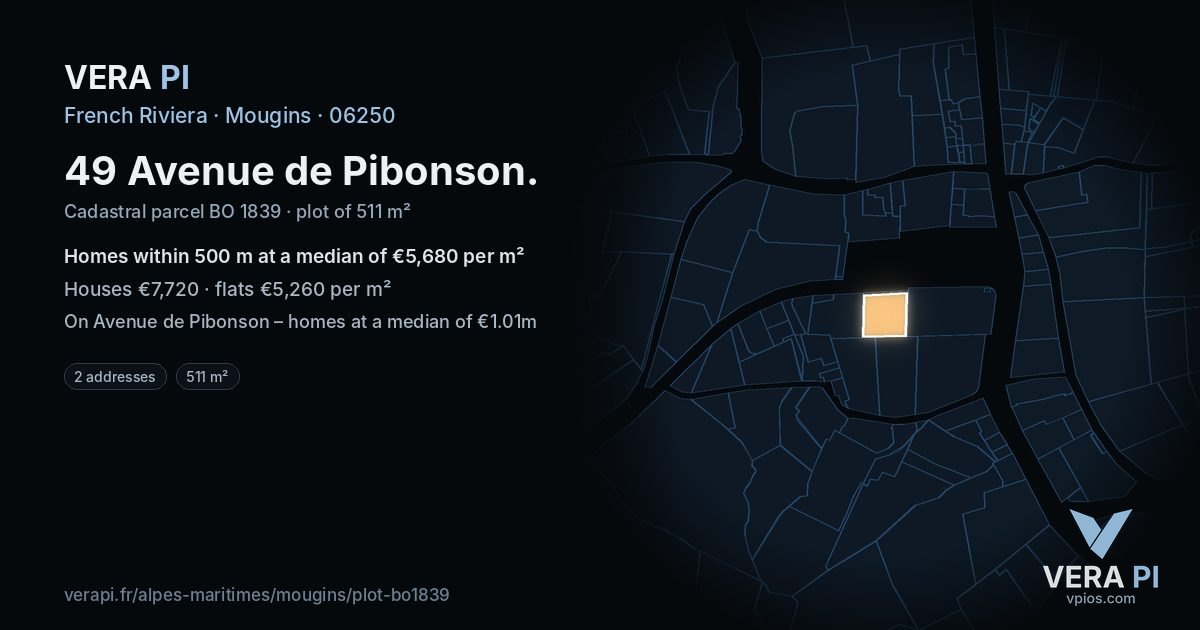 49 Avenue de Pibonson, Mougins at night – the plot lit, the parcels around coloured by the prices near them