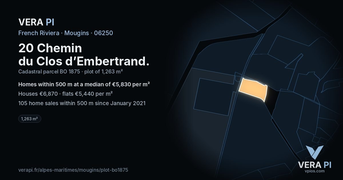 20 Chemin du Clos d’Embertrand, Mougins at night – the plot lit, the parcels around coloured by the prices near them