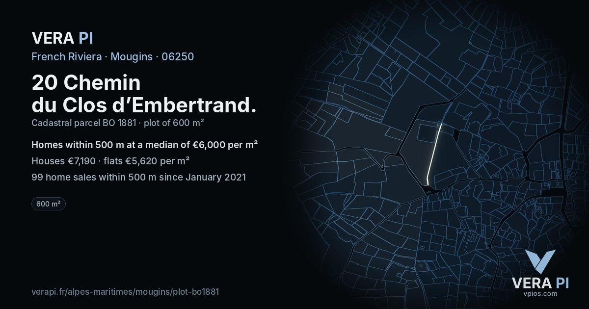 20 Chemin du Clos d’Embertrand, Mougins at night – the plot lit, the parcels around coloured by the prices near them