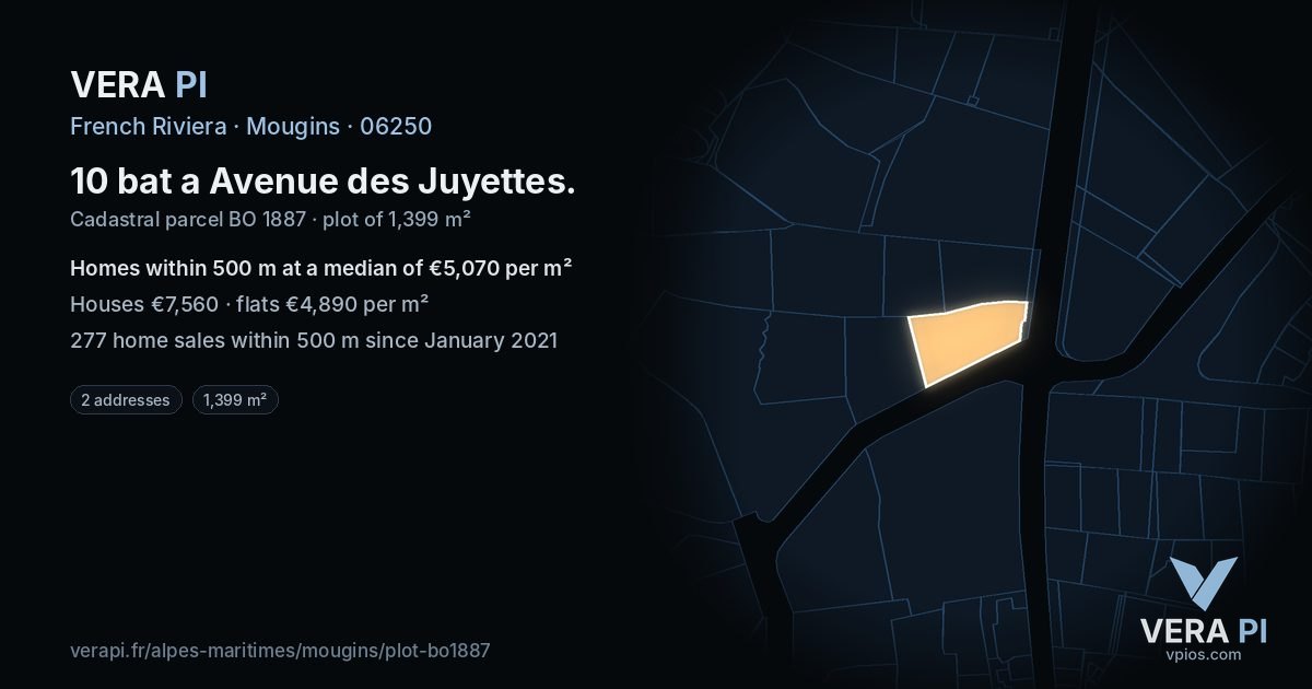 10 bat a Avenue des Juyettes, Mougins at night – the plot lit, the parcels around coloured by the prices near them