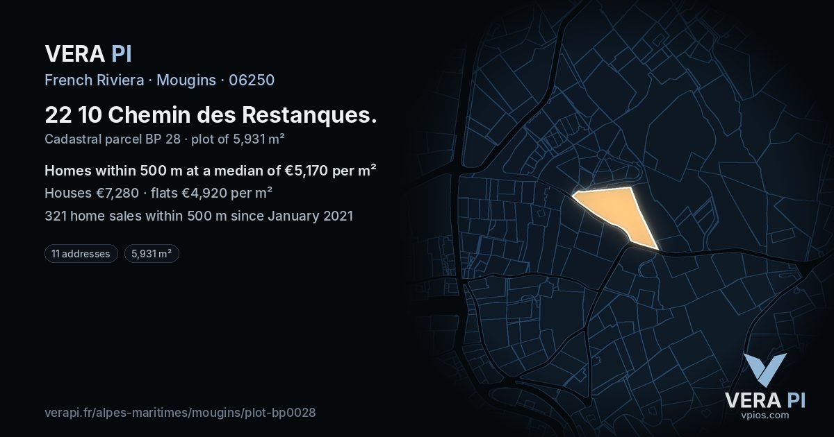 22 10 Chemin des Restanques, Mougins at night – the plot lit, the parcels around coloured by the prices near them