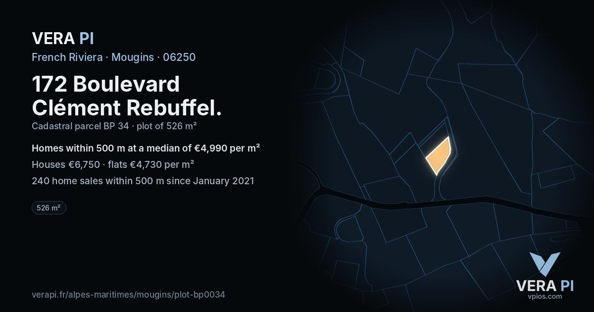 172 Boulevard Clément Rebuffel, Mougins at night – the plot lit, the parcels around coloured by the prices near them
