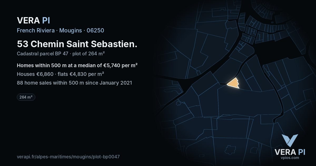 53 Chemin Saint Sebastien, Mougins at night – the plot lit, the parcels around coloured by the prices near them