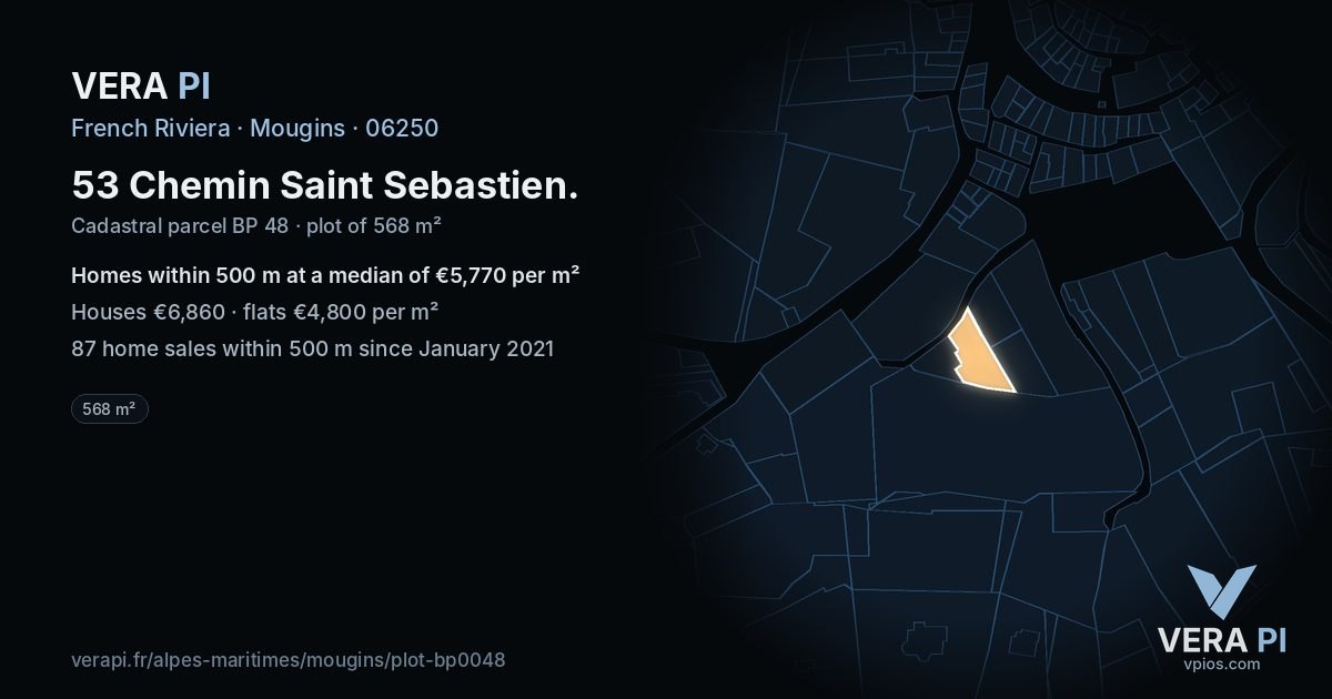 53 Chemin Saint Sebastien, Mougins at night – the plot lit, the parcels around coloured by the prices near them