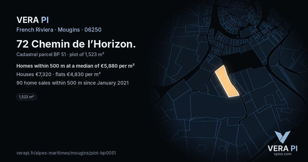 72 Chemin de l’Horizon, Mougins at night – the plot lit, the parcels around coloured by the prices near them