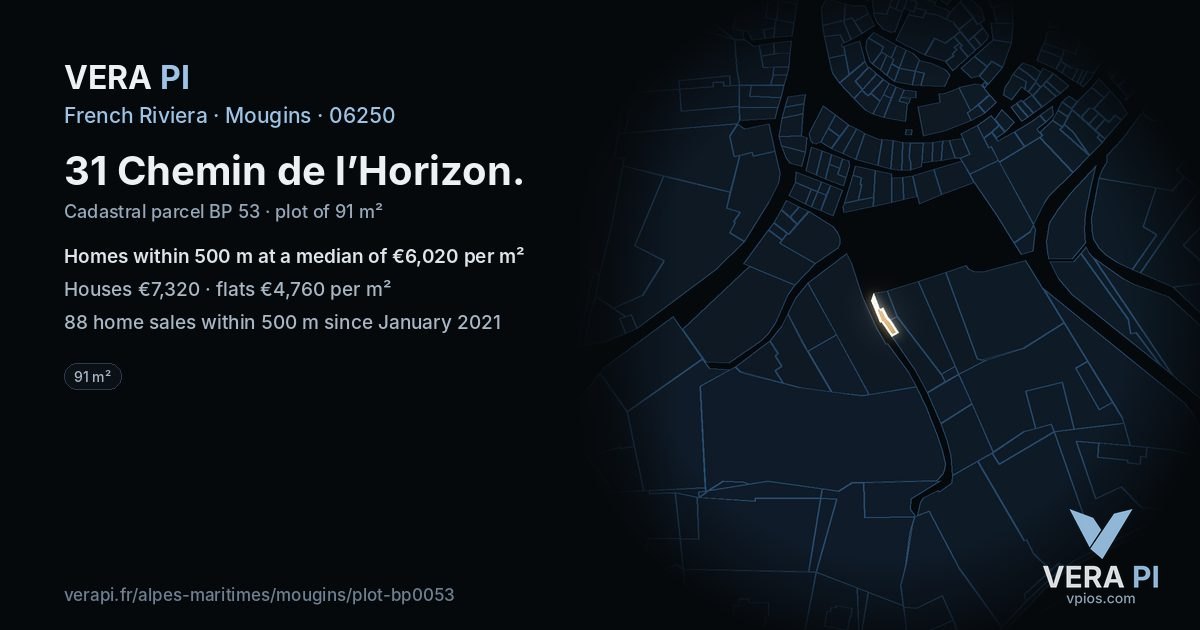 31 Chemin de l’Horizon, Mougins at night – the plot lit, the parcels around coloured by the prices near them