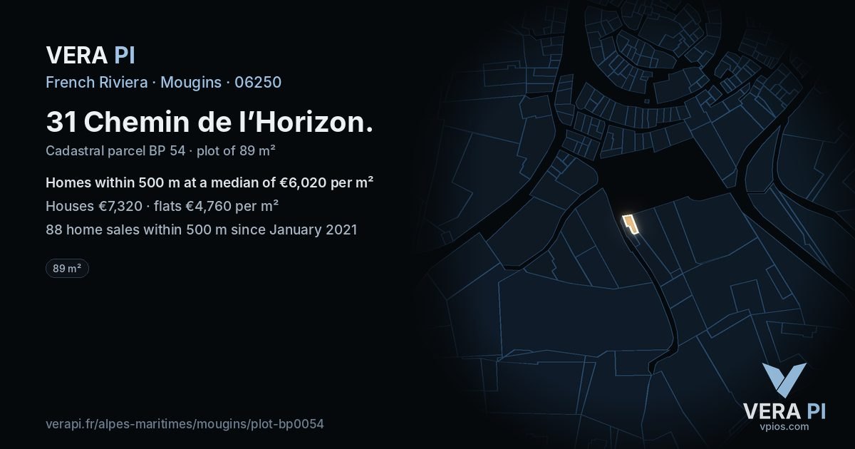 31 Chemin de l’Horizon, Mougins at night – the plot lit, the parcels around coloured by the prices near them