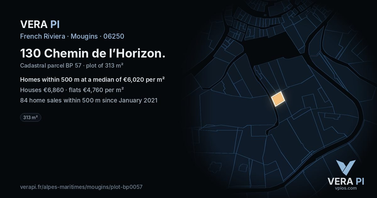 130 Chemin de l’Horizon, Mougins at night – the plot lit, the parcels around coloured by the prices near them