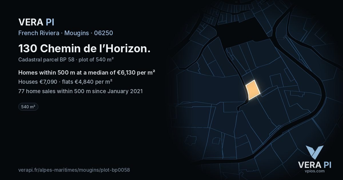 130 Chemin de l’Horizon, Mougins at night – the plot lit, the parcels around coloured by the prices near them