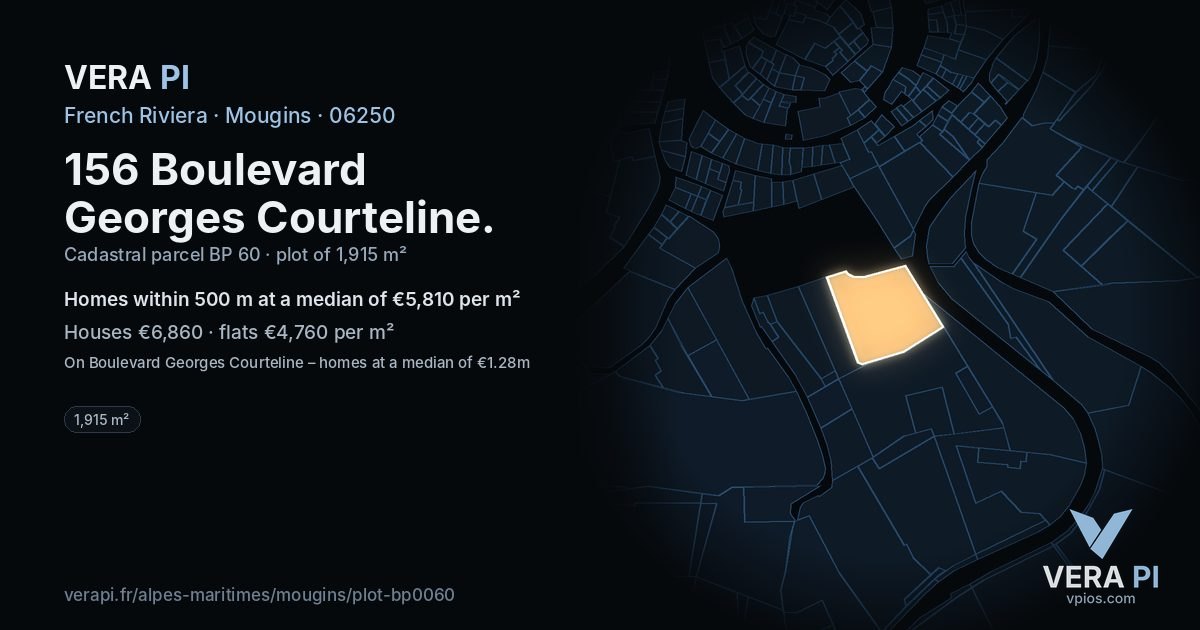156 Boulevard Georges Courteline, Mougins at night – the plot lit, the parcels around coloured by the prices near them