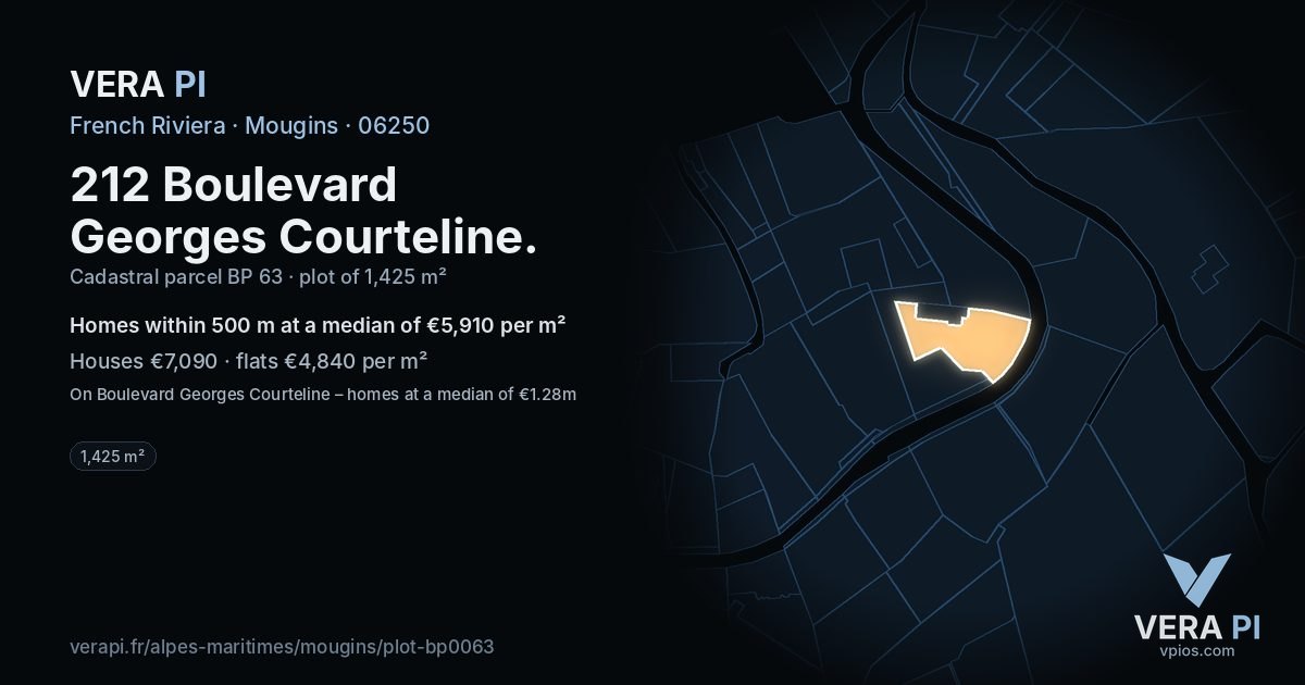 212 Boulevard Georges Courteline, Mougins at night – the plot lit, the parcels around coloured by the prices near them