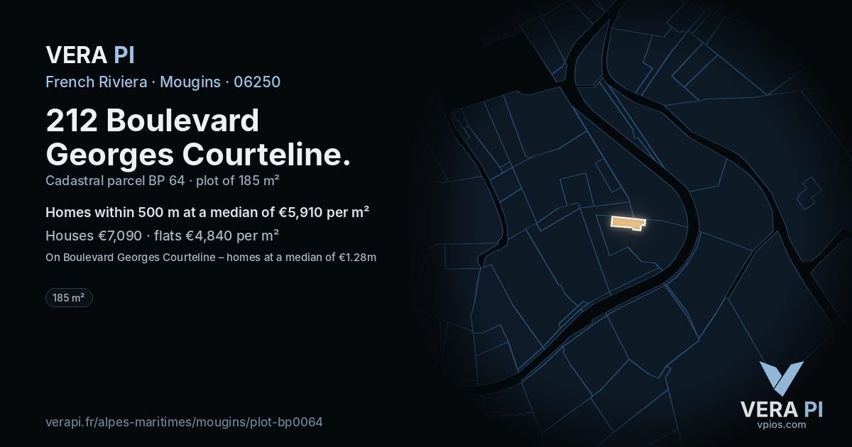 212 Boulevard Georges Courteline, Mougins at night – the plot lit, the parcels around coloured by the prices near them