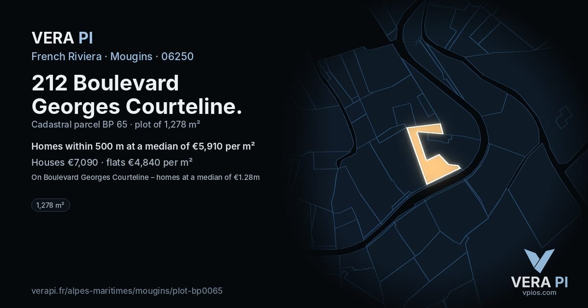 212 Boulevard Georges Courteline, Mougins at night – the plot lit, the parcels around coloured by the prices near them