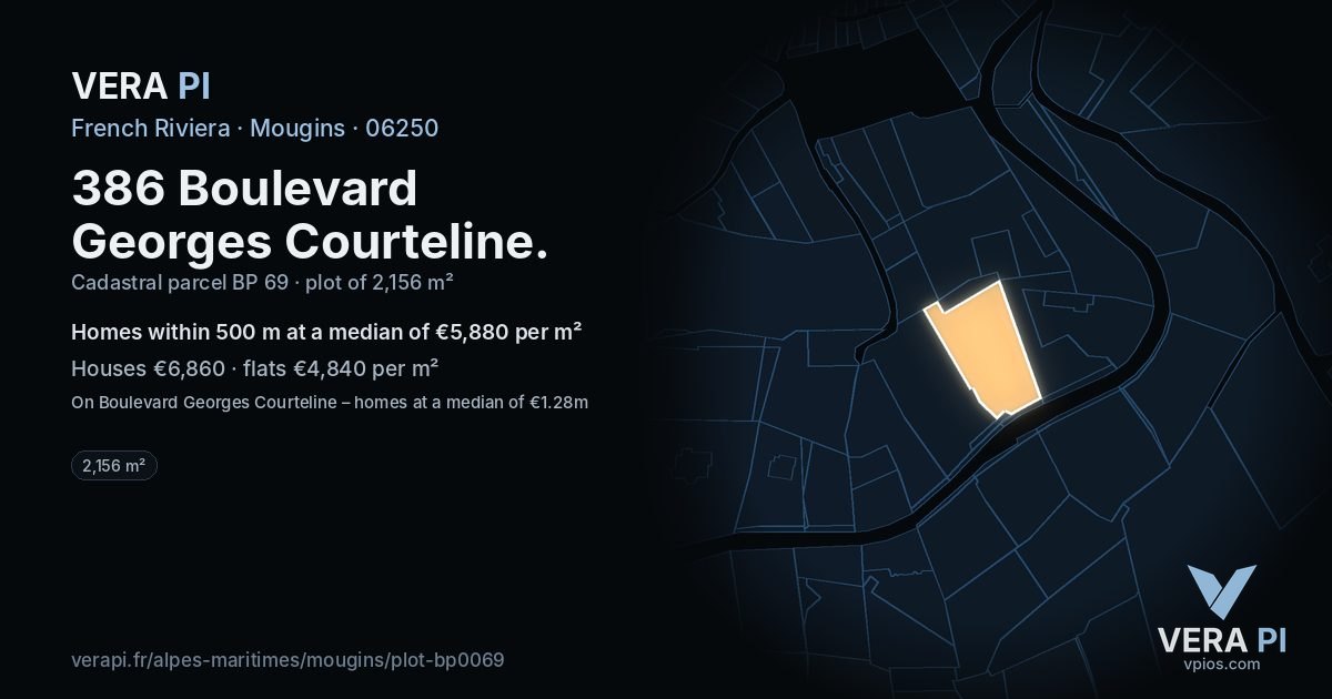 386 Boulevard Georges Courteline, Mougins at night – the plot lit, the parcels around coloured by the prices near them