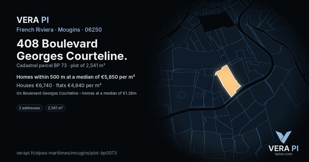 408 Boulevard Georges Courteline, Mougins at night – the plot lit, the parcels around coloured by the prices near them