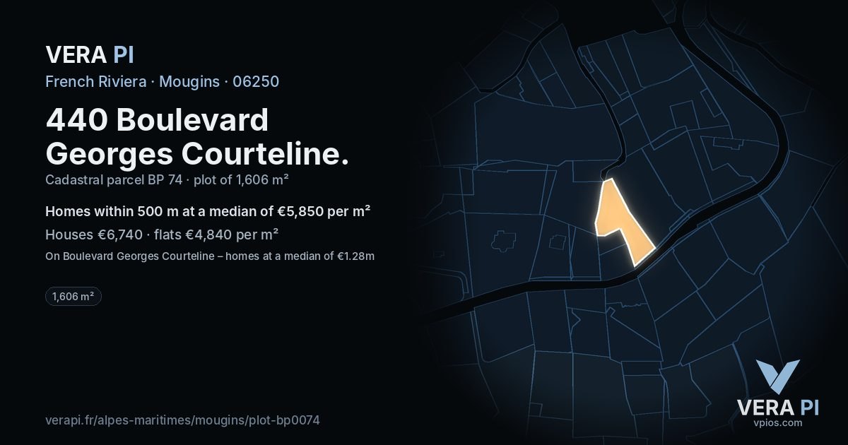 440 Boulevard Georges Courteline, Mougins at night – the plot lit, the parcels around coloured by the prices near them