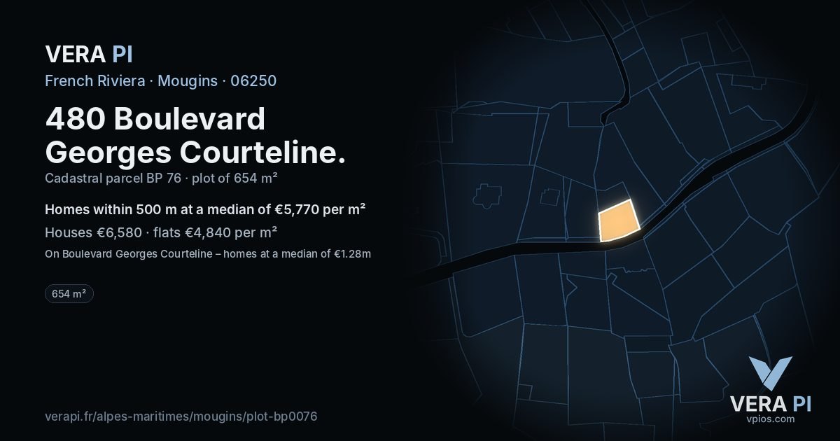 480 Boulevard Georges Courteline, Mougins at night – the plot lit, the parcels around coloured by the prices near them