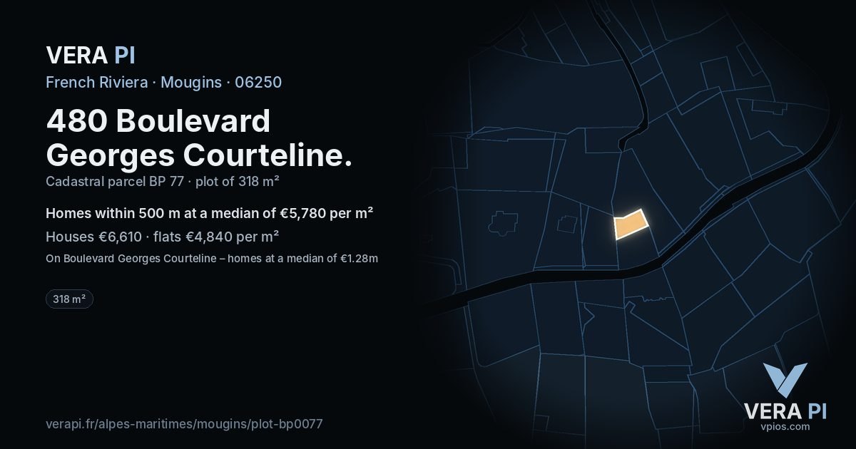 480 Boulevard Georges Courteline, Mougins at night – the plot lit, the parcels around coloured by the prices near them