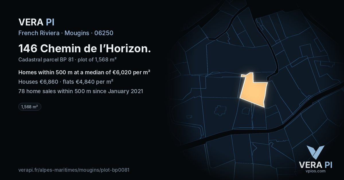 146 Chemin de l’Horizon, Mougins at night – the plot lit, the parcels around coloured by the prices near them