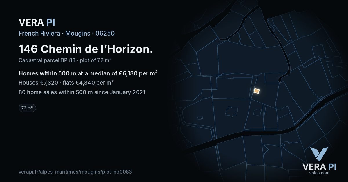 146 Chemin de l’Horizon, Mougins at night – the plot lit, the parcels around coloured by the prices near them