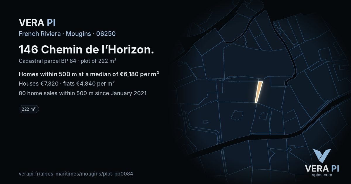 146 Chemin de l’Horizon, Mougins at night – the plot lit, the parcels around coloured by the prices near them
