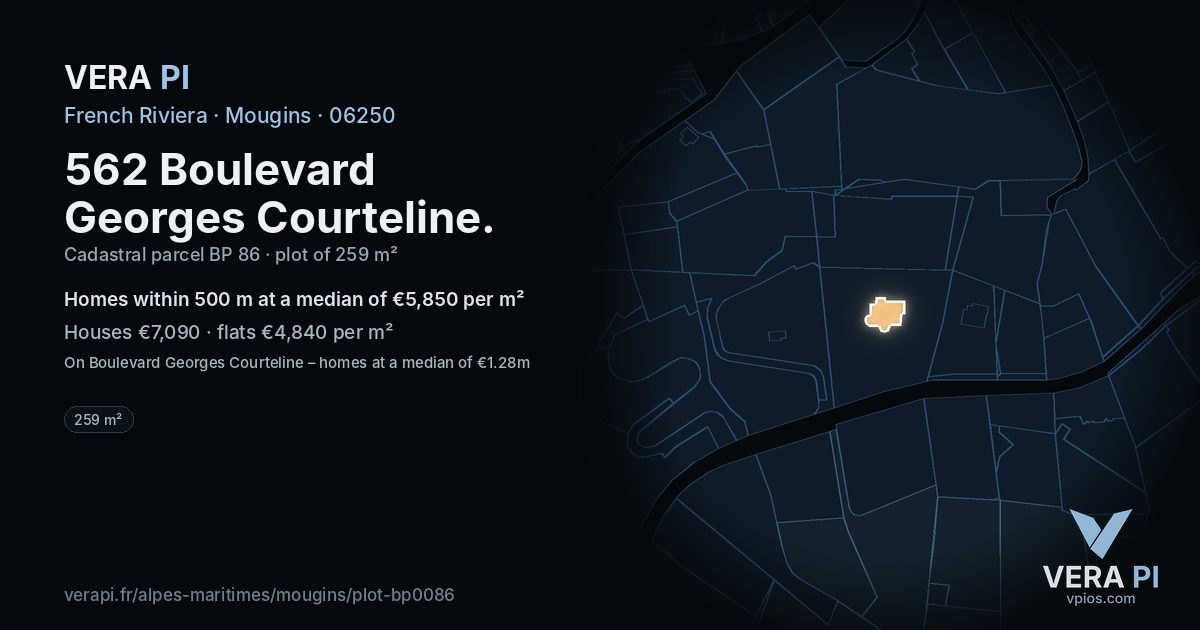 562 Boulevard Georges Courteline, Mougins at night – the plot lit, the parcels around coloured by the prices near them