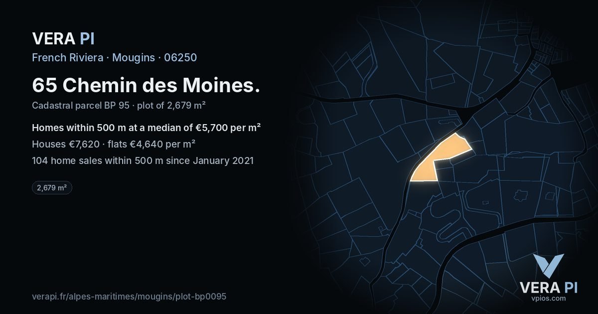 65 Chemin des Moines, Mougins at night – the plot lit, the parcels around coloured by the prices near them