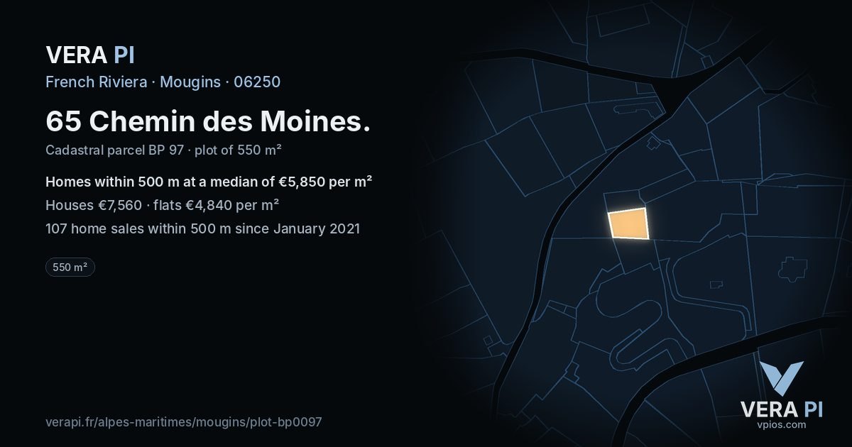 65 Chemin des Moines, Mougins at night – the plot lit, the parcels around coloured by the prices near them