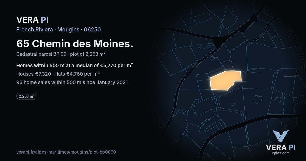 65 Chemin des Moines, Mougins at night – the plot lit, the parcels around coloured by the prices near them
