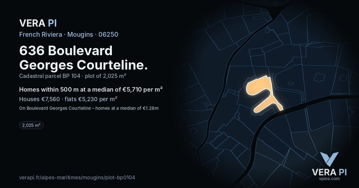 636 Boulevard Georges Courteline, Mougins at night – the plot lit, the parcels around coloured by the prices near them