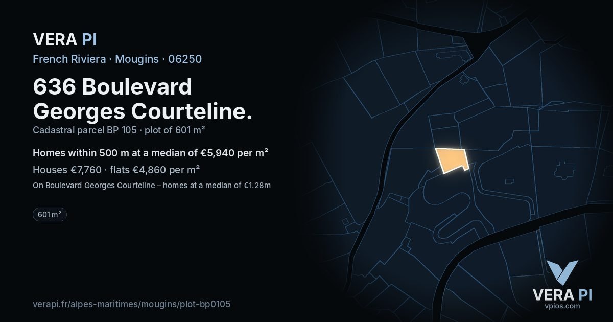 636 Boulevard Georges Courteline, Mougins at night – the plot lit, the parcels around coloured by the prices near them