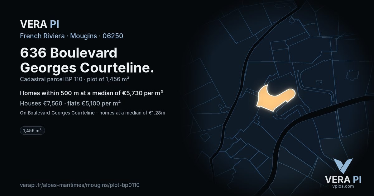 636 Boulevard Georges Courteline, Mougins at night – the plot lit, the parcels around coloured by the prices near them