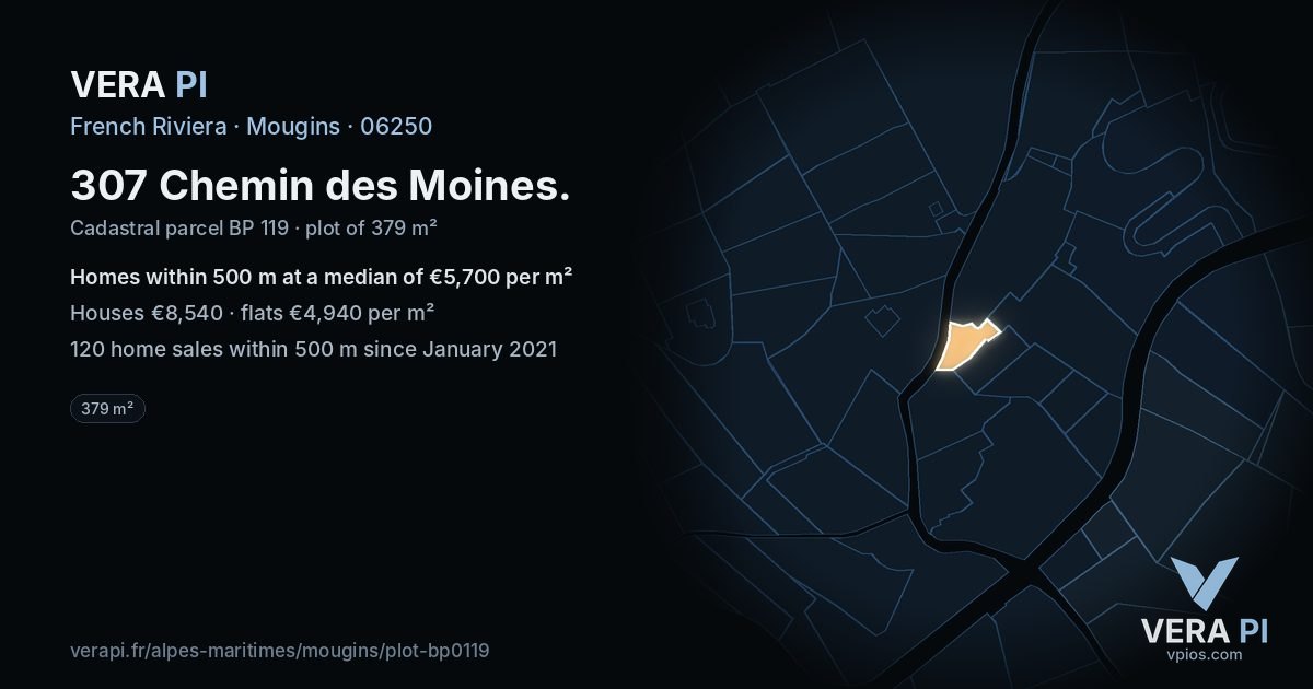 307 Chemin des Moines, Mougins at night – the plot lit, the parcels around coloured by the prices near them