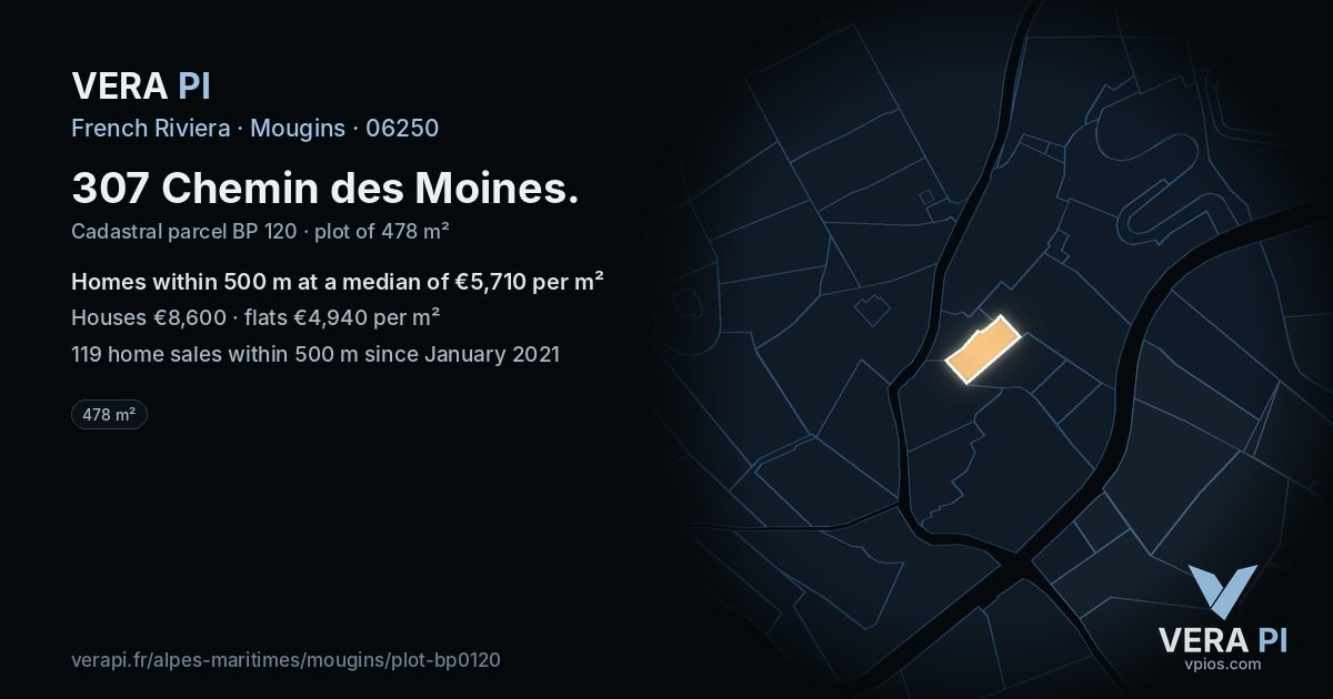 307 Chemin des Moines, Mougins at night – the plot lit, the parcels around coloured by the prices near them