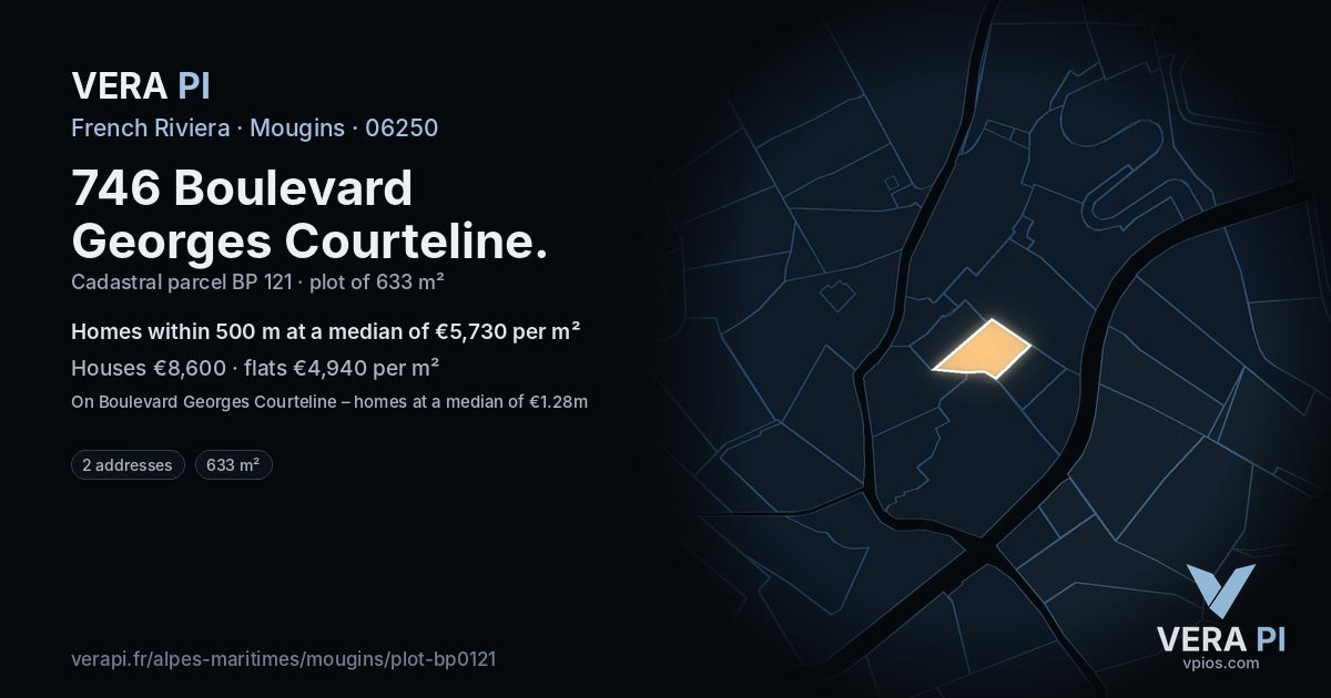746 Boulevard Georges Courteline, Mougins at night – the plot lit, the parcels around coloured by the prices near them