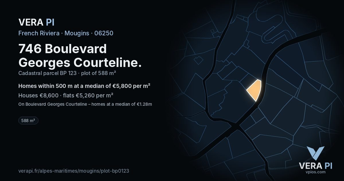 746 Boulevard Georges Courteline, Mougins at night – the plot lit, the parcels around coloured by the prices near them