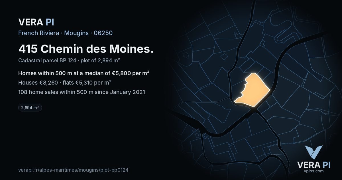 415 Chemin des Moines, Mougins at night – the plot lit, the parcels around coloured by the prices near them