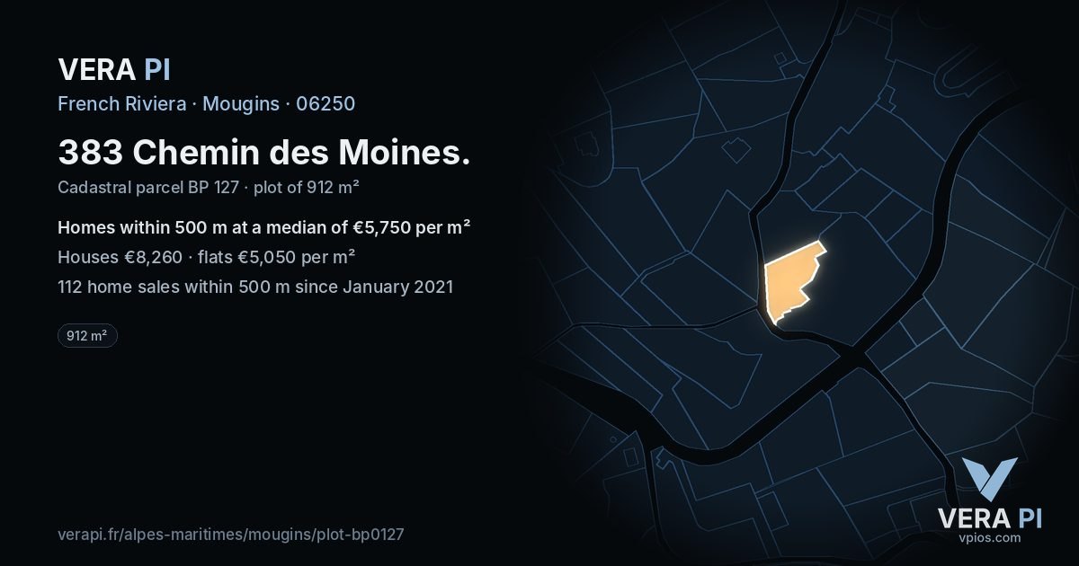 383 Chemin des Moines, Mougins at night – the plot lit, the parcels around coloured by the prices near them