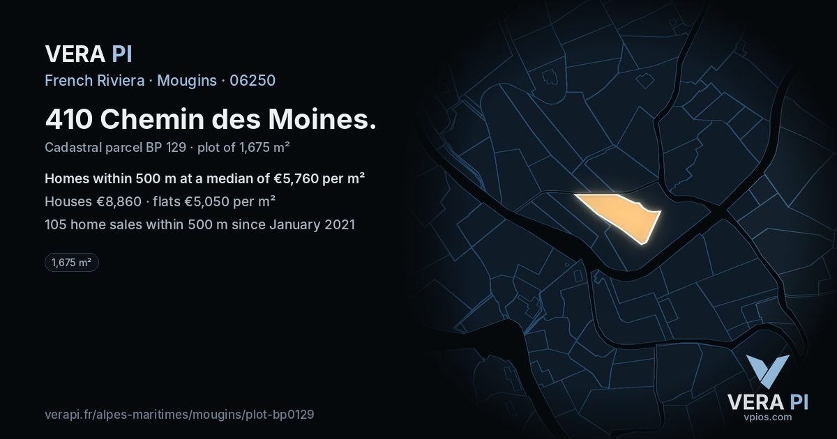 410 Chemin des Moines, Mougins at night – the plot lit, the parcels around coloured by the prices near them