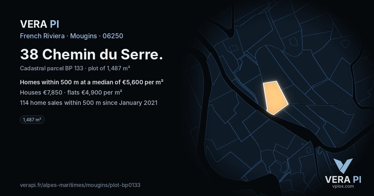 38 Chemin du Serre, Mougins at night – the plot lit, the parcels around coloured by the prices near them