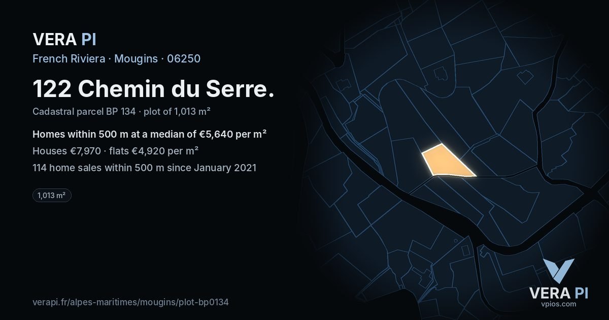 122 Chemin du Serre, Mougins at night – the plot lit, the parcels around coloured by the prices near them